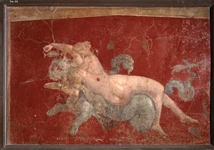 ART ROMAIN : Néréide sur une panthère de mer à qui elle tend un verre dans une coupe basse (fresque)