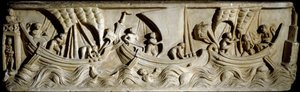 Art romain : « scène de navigation ». Bas-relief de la Via Labicana à Rome. Rome, Musée de la civilisation romaine