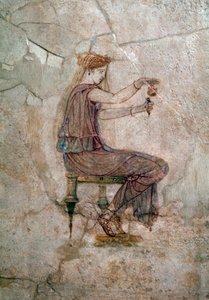 Art romain : femme assise versant du parfum dans un vase. Peinture murale, 25 après J.-C. De la Villa della Farnesina. Rome, Palazzo Massimo alle Terme, Museo Nazionale Romano