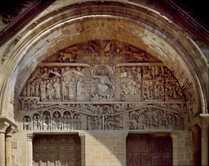 Art roman : tympan sculpté représentant le jugement dernier, à droite du Christ le paradis, à gauche, le chaos de l