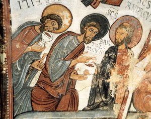 Art roman : les apôtres Philippe, Barthélemy et André Fresque du Vœu de la Cène, Église de Saint-Isidore XIIe siècle Real Colegiata de San Isidoro, León - Romanesque