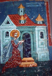 Saint Nicétas priant devant une église - Romanian School