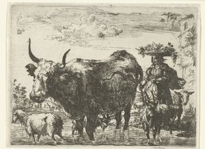 Bergère avec panier sur la tête, une vache, deux chèvres et deux moutons dans l