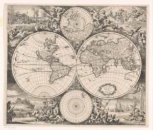 Carte du monde avec une allégorie sur les quatre éléments