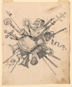 Dessin, trophée avec objets ecclésiastiques, 1830-1850 - Romolo Achille Liverani