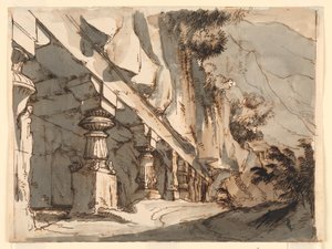 Décor de scène, grotte et temple