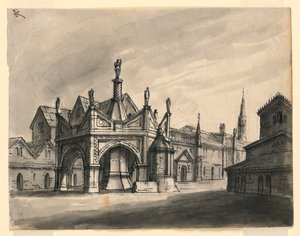 Décor de scène, extérieur de bâtiments gothiques - Romolo Achille Liverani