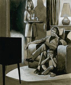 Famille regardant la télévision en noir et blanc dans les années 1960 - Ron Embleton