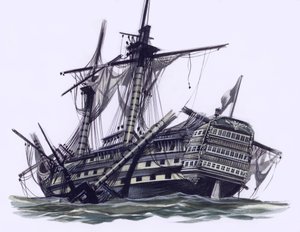 HMS Victory après la bataille de Trafalgar, avec le mât de misaine abattu (gouache sur papier) - Ron Embleton