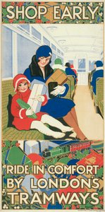 Achetez tôt, voyagez confortablement avec les tramways de Londres, affiche des tramways du London County Council, 1928 - Rowles