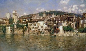Adige à Vérone, par Rubens Santoro (1859-1942), huile sur toile