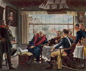 Blücher reçoit la médaille et le chapeau de Napoléon après la bataille de Waterloo