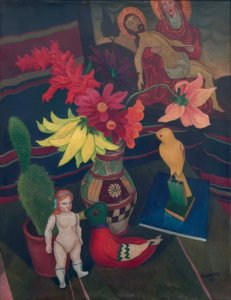 Nature morte avec poupée nue, cactus et image de Pietà