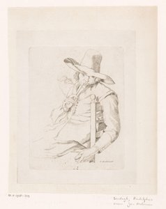Homme fumant une pipe avec un haut-de-forme sur une chaise - Rudolphus Sondagh