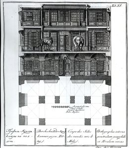Vue en coupe de la Salle des Raretés vers le sud, illustration dans Chambers of the St. Petersburg Imperial Academy of Sciences Library and Gallery showing Plans, Facades and Profiles par Johann - Russian School