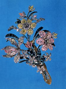 Broche en forme de grand bouquet avec diamants taille brillant et émeraudes, vers 1760