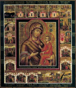 La Vierge de Tikhvin avec Scènes de Bordure - Russian icon.