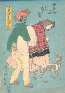 Une jeune Française et un serviteur siamois promenant un chien, novembre 1860 - Sadahide Utagawa
