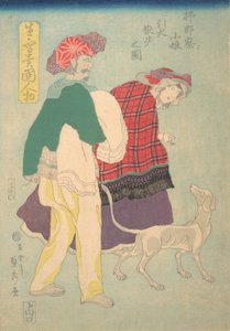 Jeune fille française promenant un chien accompagnée d