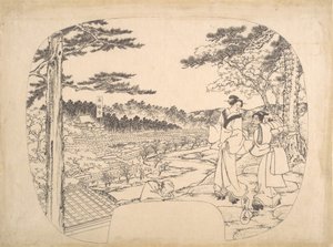 Deux femmes admirant les vues depuis un point de vue...le temple Zenpukuji, 19ème siècle