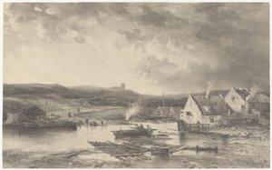 Paysage fluvial avec quelques maisons et un moulin à eau - Salomon Leonardus Verveer