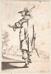 Cavalier vu de dos : Gestes avec la main gauche. Porte une cape et un chapeau à plumes. Ville fortifiée et porte au-delà - Salomon Savery