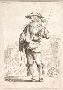 Soldat debout vu de face mais avec la tête en profil gauche. Tient un bâton dans la main gauche - Salomon Savery
