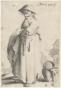 Femme avec un tissu sur le bras, un panier au sol derrière elle (Marrij panvis, La vie des paysans)