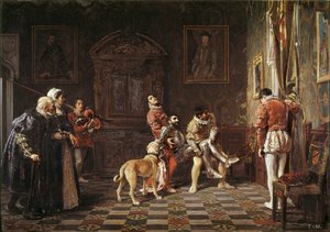 Retour du tournoi. Un jeune chevalier blessé est ramené au palais, soutenu par deux pages.