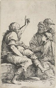 Un vieil homme barbu assis sur un rocher faisant un geste exhortatif vers trois hommes en face de lui, de la série Figurine - Salvator Rosa