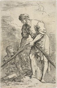 Un homme tirant un filet, avec deux figures derrière lui, de la série Figurine - Salvator Rosa