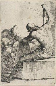Un guerrier, assis sur un bloc au premier plan, tient un bouclier et un bâton et se tourne vers deux guerriers derrière lui, de la série Figurine - Salvator Rosa