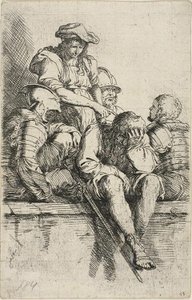 Quatre guerriers et un jeune homme debout, qui pointe vers l