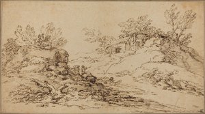 Paysage rocheux avec une maison rustique - Salvator Rosa