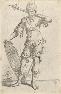 Guerrier exotique debout portant un bonnet de tête de lion, tenant une masse et un bouclier, c.1656-57 - Salvator Rosa