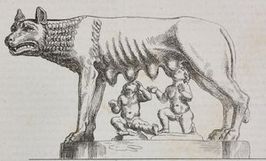 Louve capitoline, statue en bronze, Rome, Latium, Italie, lithographie de Salvatore Puglia de Poliorama Pittoresco, n 25, 25 janvier