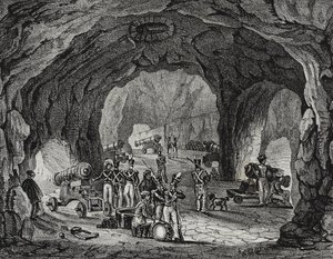 Grotte près du Rocher de Gibraltar, Espagne, lithographie de Salvatore Puglia de Poliorama Pittoresco, n 20, 24 décembre - Salvatore Puglia