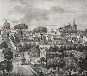 Vue est de Mesagne, Apulie, Italie (lithographie de Salvatore Puglia de Poliorama Pittoresco, n 45, 15 juin)
