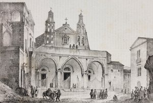 Façade de la cathédrale de Sessa Aurunca, Campanie, Italie, lithographie de Salvatore Puglia d