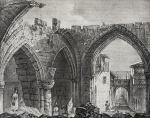 Ruines le long de la rue des Chevaliers, ville de Rhodes, Grèce, lithographie de Salvatore Puglia de Poliorama Pittoresco, n°3, 27 août - Salvatore Puglia