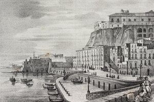 Vue de Borgo Santa Lucia, Naples, Campanie, Italie, lithographie de Salvatore Puglia de Poliorama Pittoresco, n 36, 15 avril - Salvatore Puglia