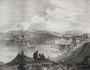 Vue de Corfou depuis le mont Oliveto, îles Ioniennes, Grèce, lithographie de Salvatore Puglia de Poliorama Pittoresco, n°25, 25 janvier