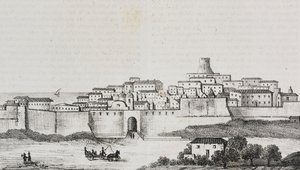 Vue de Crotone, Calabre, Italie (lithographie de Salvatore Puglia de Poliorama Pittoresco, n 12, 26 octobre)