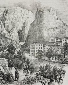 Vue de Fontaine-de-Vaucluse, France, lithographie de Sardi de Poliorama Pittoresco, n 51, 30 juillet - Salvatore Puglia