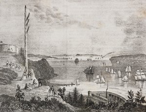 Vue de la baie de New York depuis la station télégraphique, États-Unis (lithographie de Salvatore Puglia de Poliorama Pittoresco, n 6, 14 septembre) - Salvatore Puglia