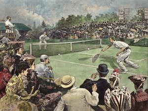 Le championnat de Lawn Tennis à Wimbledon en 1891, MM. W Baddeley et J Pim en compétition pour les finales (gravure en couleur)