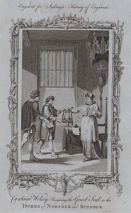Le cardinal Wolsey remettant le grand sceau aux ducs de Norfolk et de Suffolk (gravure) - Samuel (after) Wale