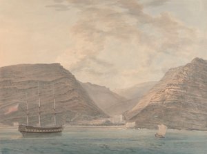 Navire de guerre amarré dans le port, montagnes en arrière-plan - Samuel Davis