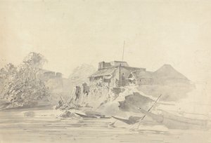 Scène de rivière avec bâtiments indigènes