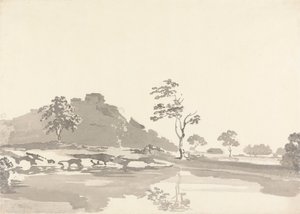 Scène de rivière avec un fort sur une colline au loin